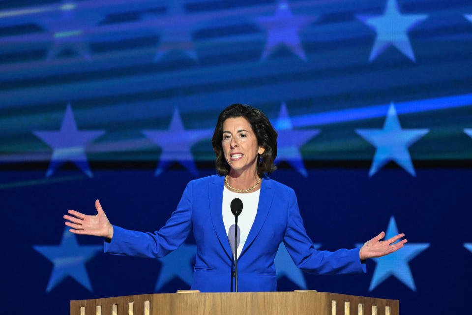U.S. Commerce Secretary Gina Raimondo speaks on the first day of the Democratic National Convention (DNC) at the United Center in Chicago, Illinois, Aug. 19, 2024. Vice President Kamala Harris will formally accept the party's nomination for president at the DNC, which runs from Aug. 19. -22. August in Chicago. (Photo by Mandel NGAN/AFP) (Photo by MANDEL NGAN/AFP via Getty Images)