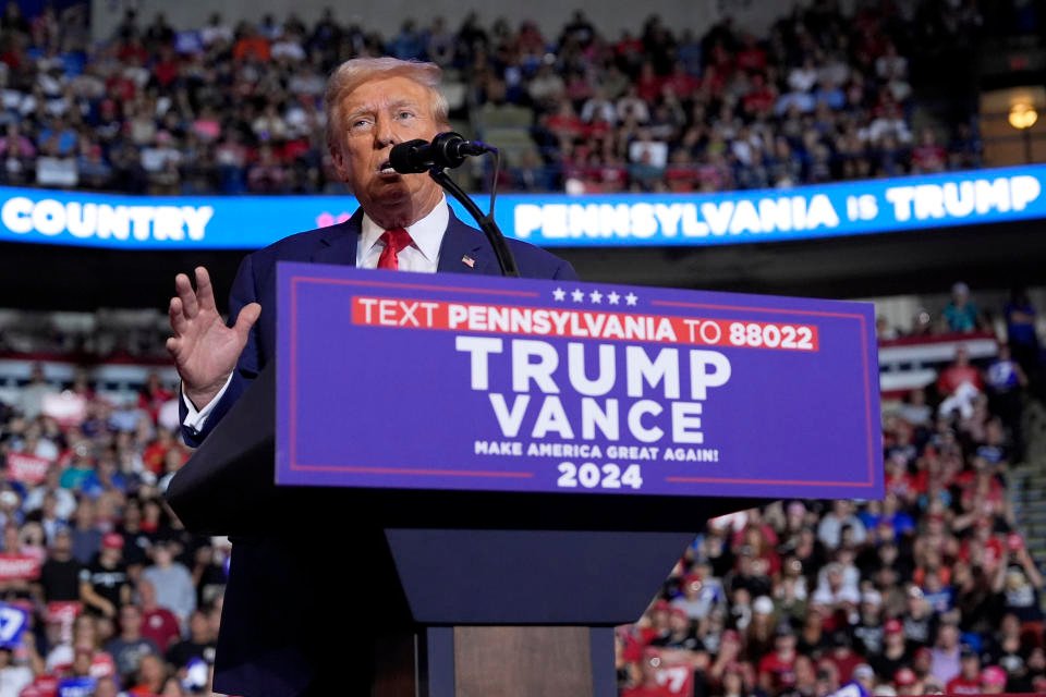 Republican presidential candidate former President Donald Trump speaks at a campaign rally at the Mohegan Sun Arena at Casey Plaza, Saturday, Aug. 17, 2024, in Wilkes-Barre, Pa. (AP Photo/Carolyn Kaster)