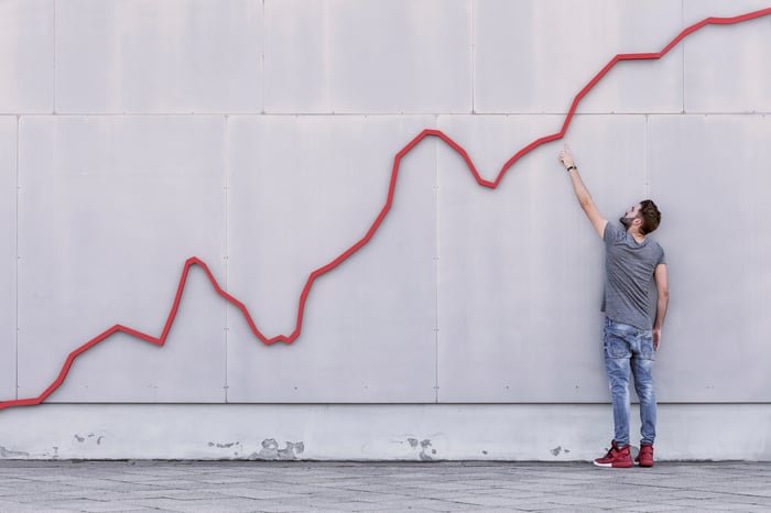 An investor pointing to a rising chart.