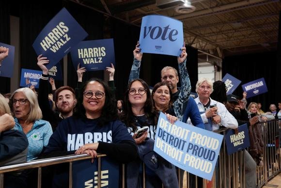 Supporters of Kamala Harris during her campaign rally in Michigan on October 18, 2024.