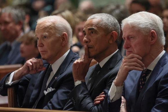 US Presidents Joe Biden, Barack Obama and Bill Clinton during the memorial service in honor of Ethel Kennedy in Washington on October 16, 2024. Together, these Democrats have amassed twenty years at the helm of the United States. 
