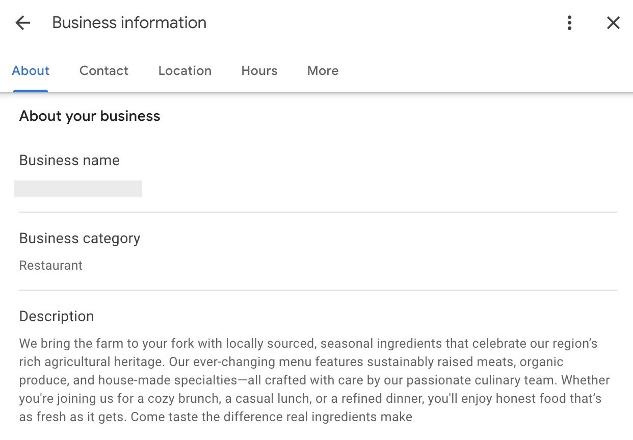 The "Business information" Window on the GBP dashboard with opportunities to edit the business name, category and description.