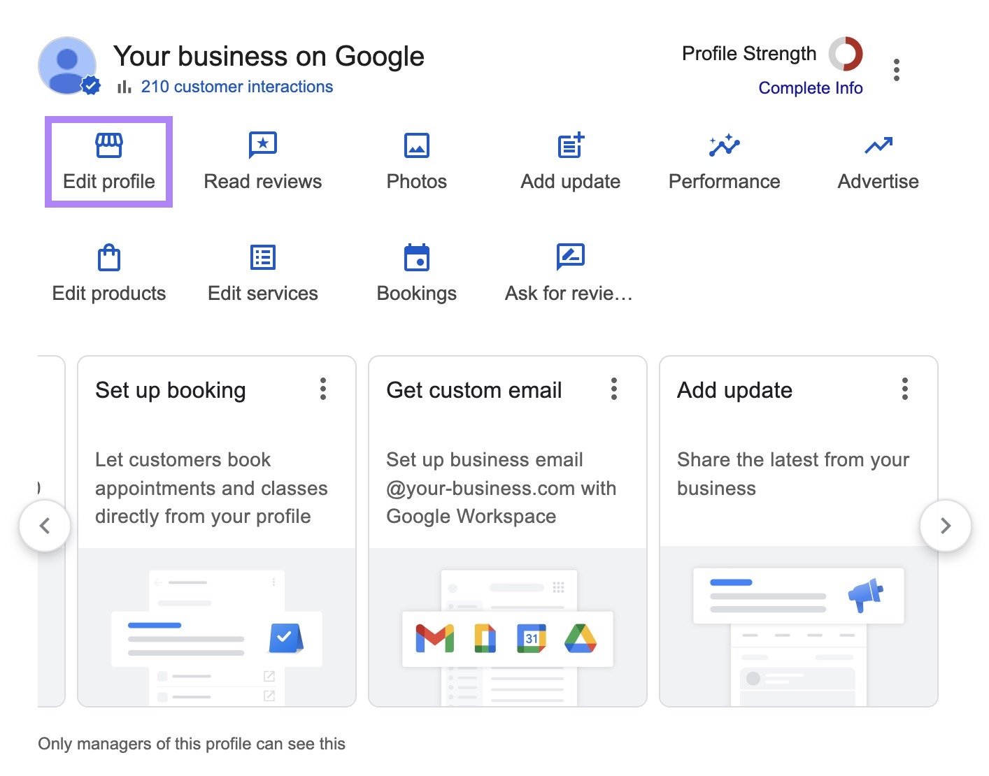 Google Business Profile Dashboard with "Edit profile" Button highlighted.