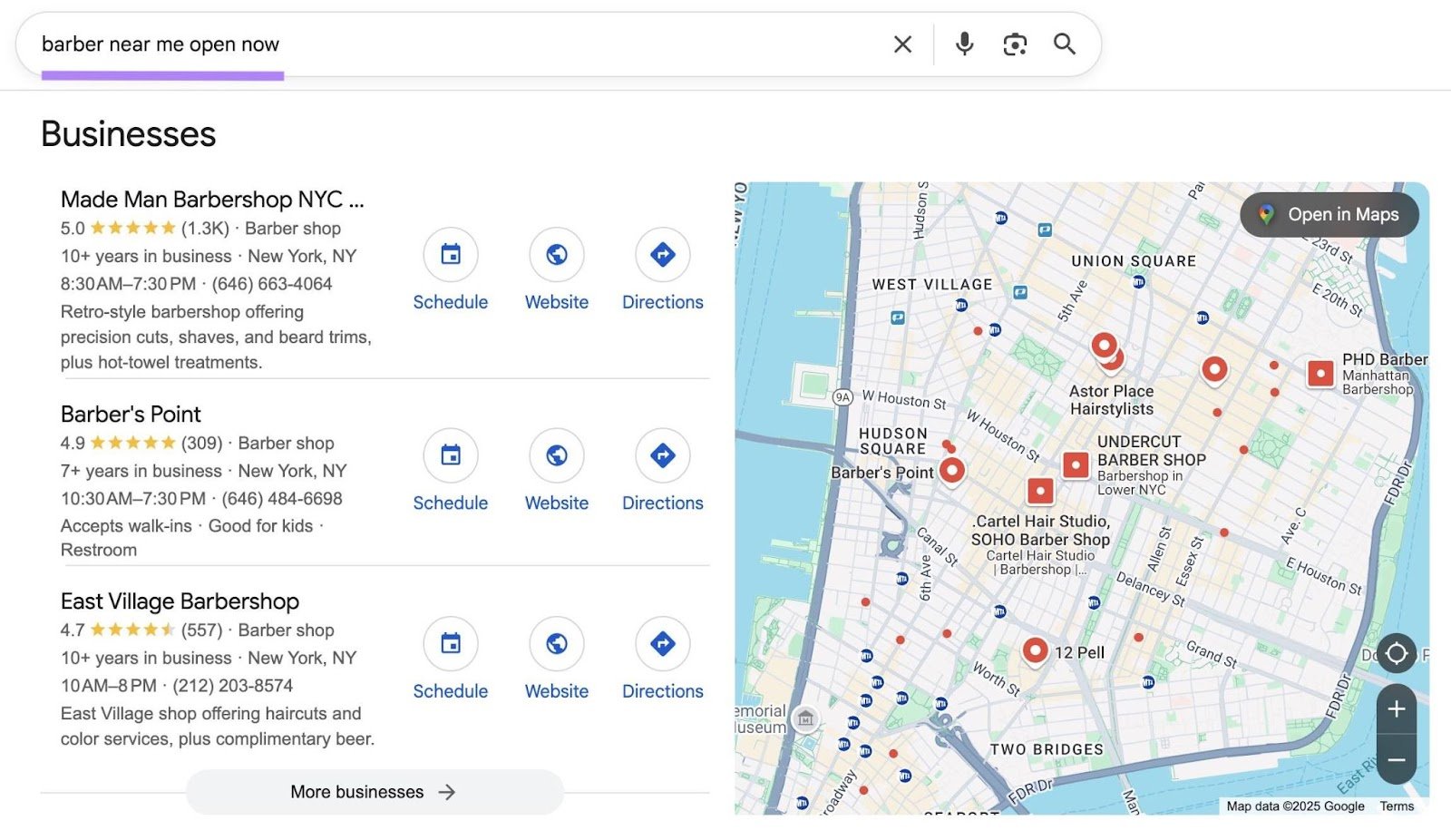 Google Serp with "Barber near me open now" Entered with a list of local businesses as a list and on Google Maps.
