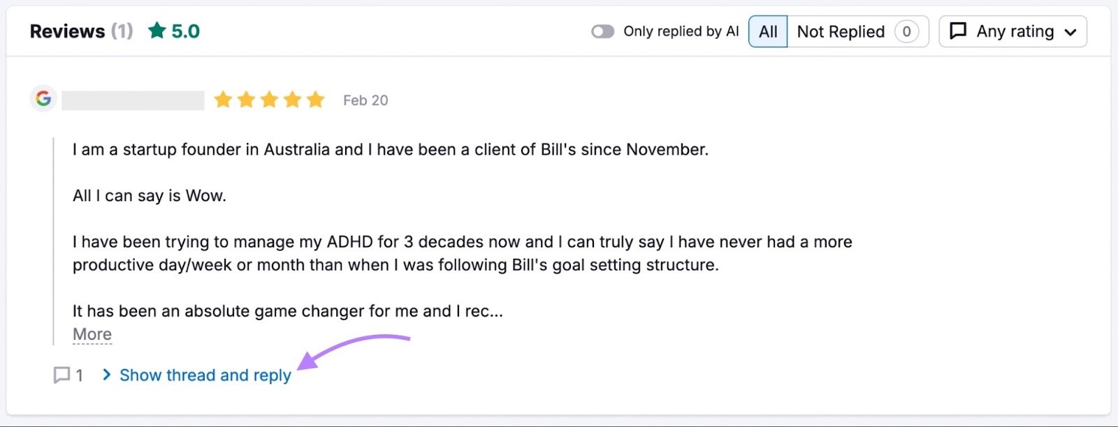 A Google -Review of Semrush's Review Management Tool with the button 