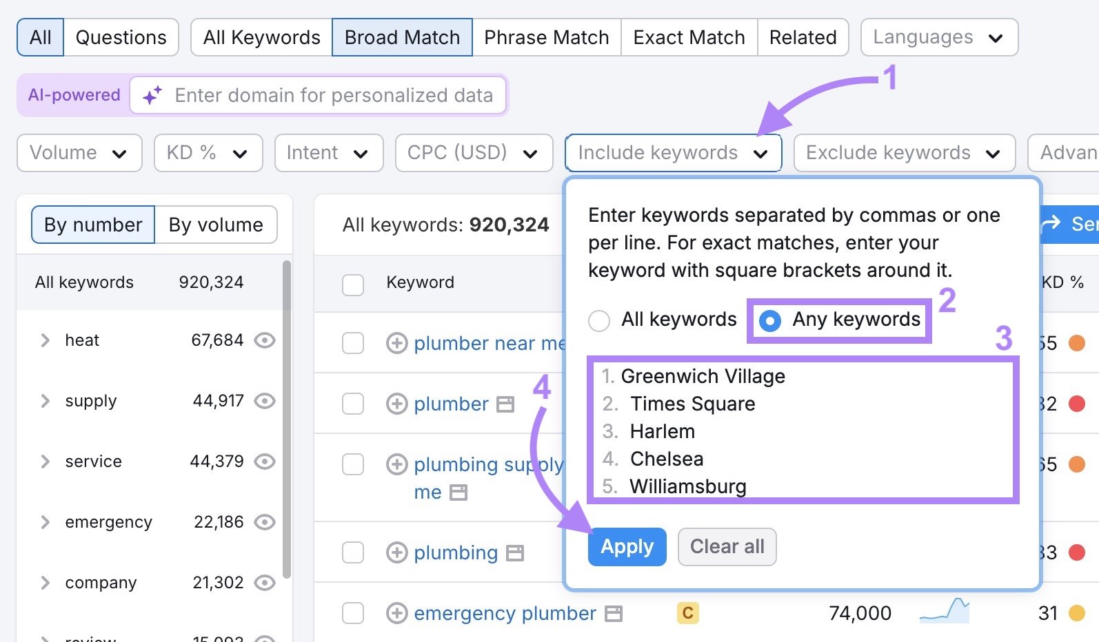Application of Location Modifiers on Key Word's magic tools after clicking "Include keywords" button.