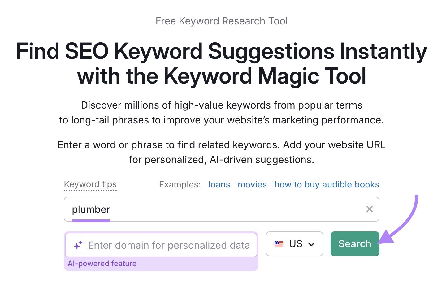 Keywords magic tool starts with "plumber" stepped in as the expression and "Search" clicked.