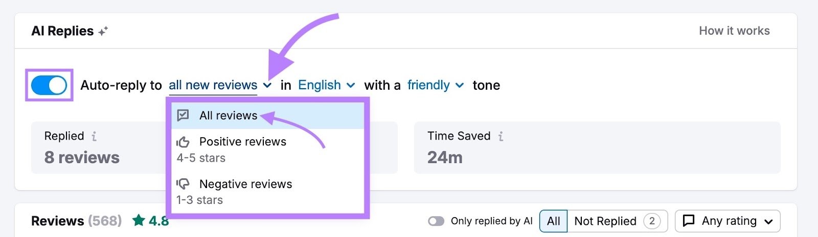 AI responds to review management with "Auto-Reply" changed on and "All reviews" Selected.