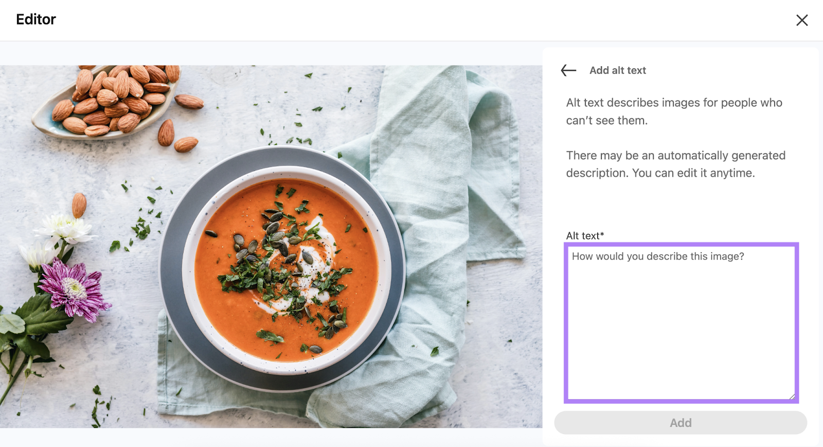When attaching an image, select Add all -text to enter your description.