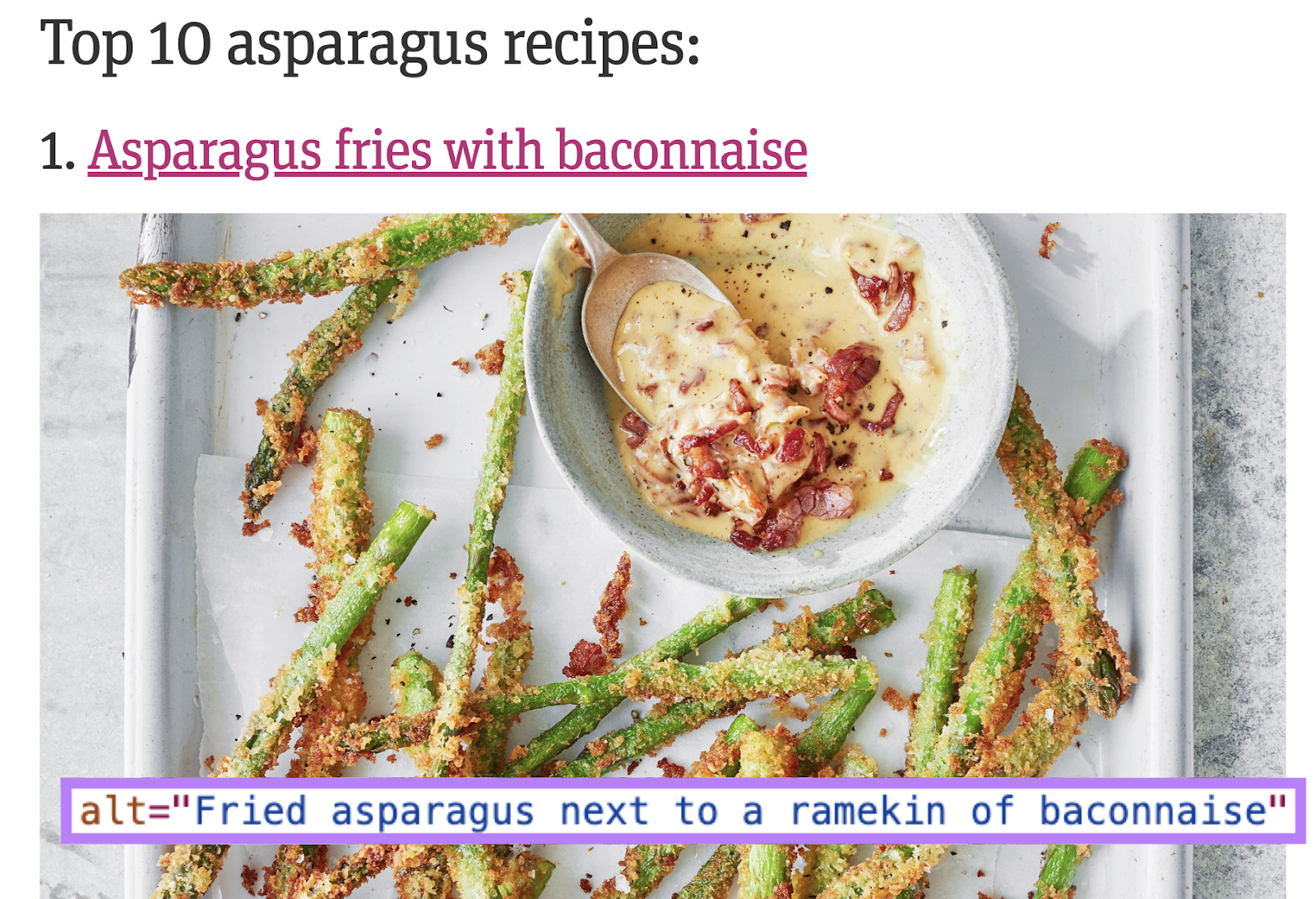 A picture's all -text says, "Fried asparagus next to a ramekin of bacconaise."