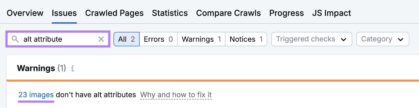 Search for everything -attribute in Site Audit reveals images without all -text.
