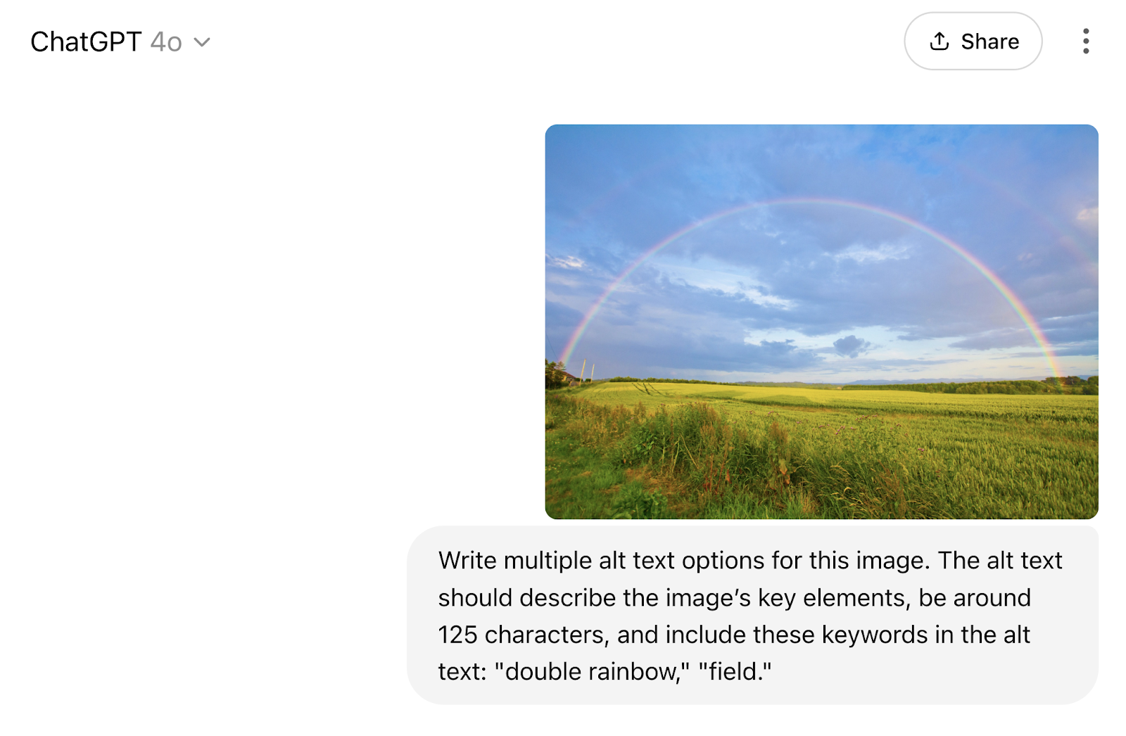 Image of a double rainbow and prompt is entered in chatgpt.