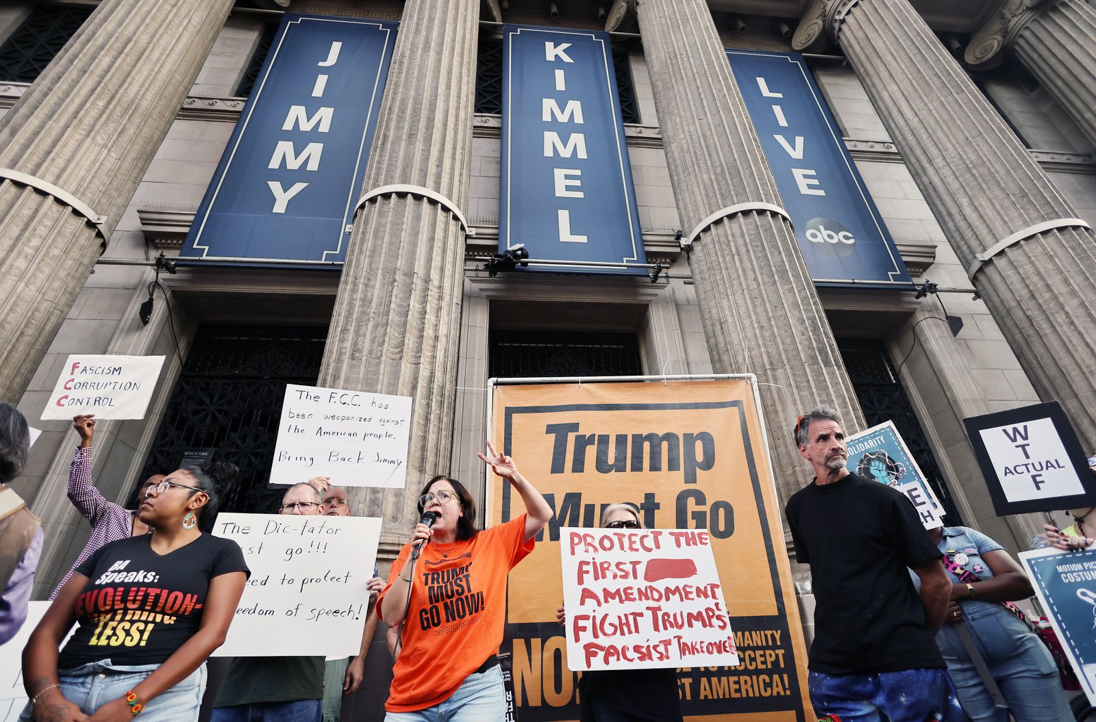 Protesters gathered outside of Jimmy Kimmel's Hollywood Studio after the show in the evening was drawn the air 