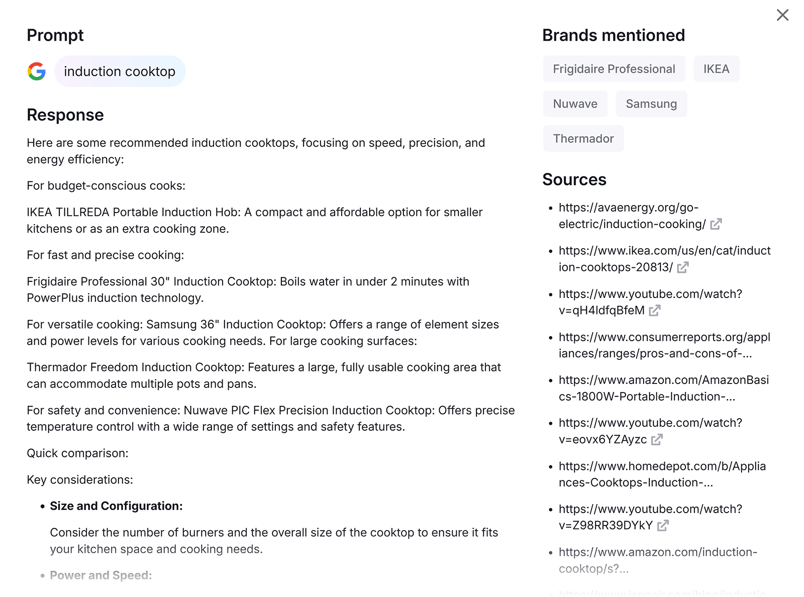 Quick response with brands and sources listed to the right.