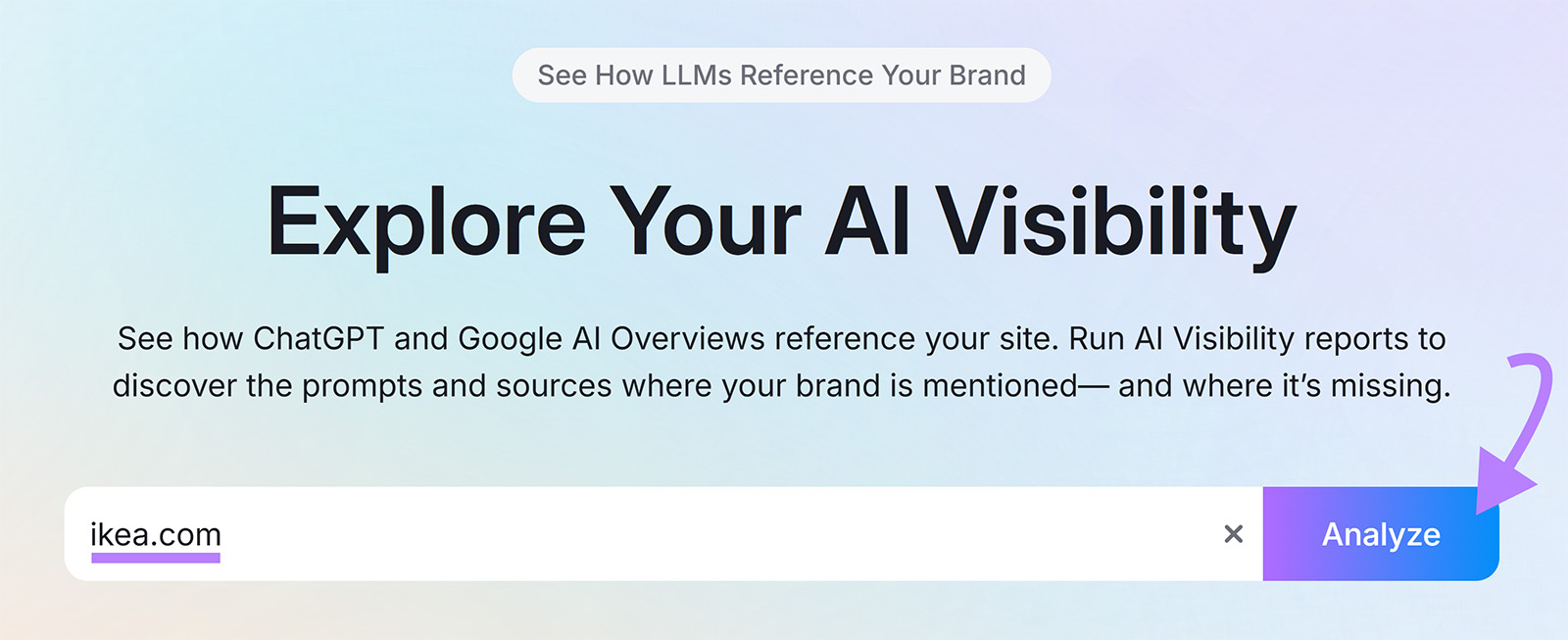 Visibility overview with Ikea.com entered and an arrow pointing to analysis.
