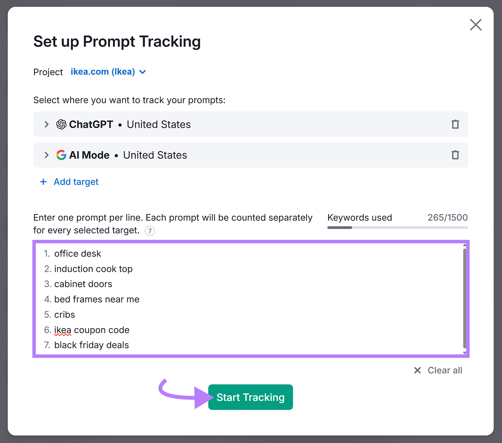 Create quick tracking of popup with entered keywords and arrow to start the tracking button.