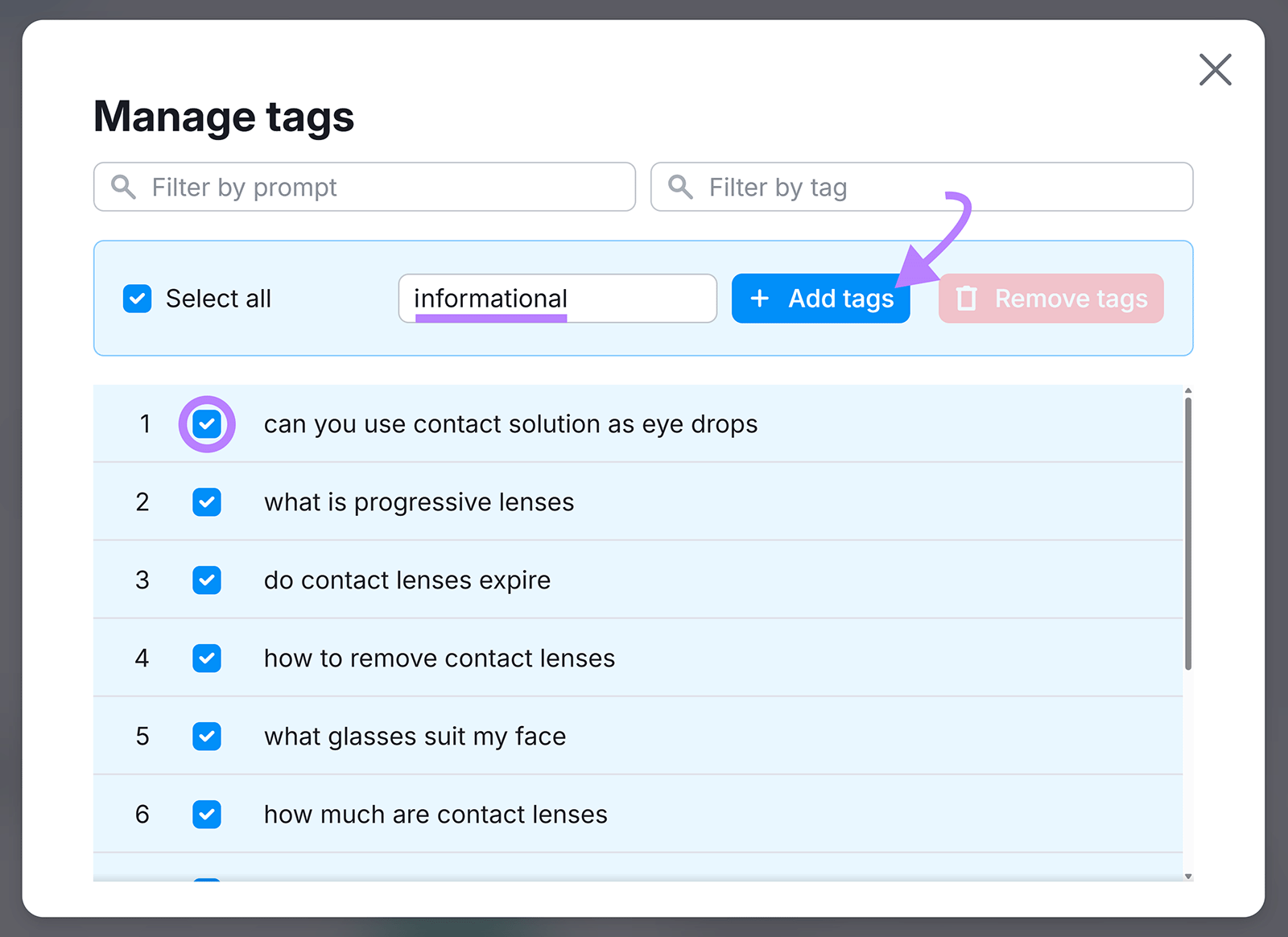 Manage the tags window with selected prompt and arrow pointing to adding the tags button.